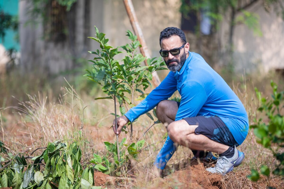 A man in blue shirt planting a tree outdoors on a sunny day, promoting environmental care.